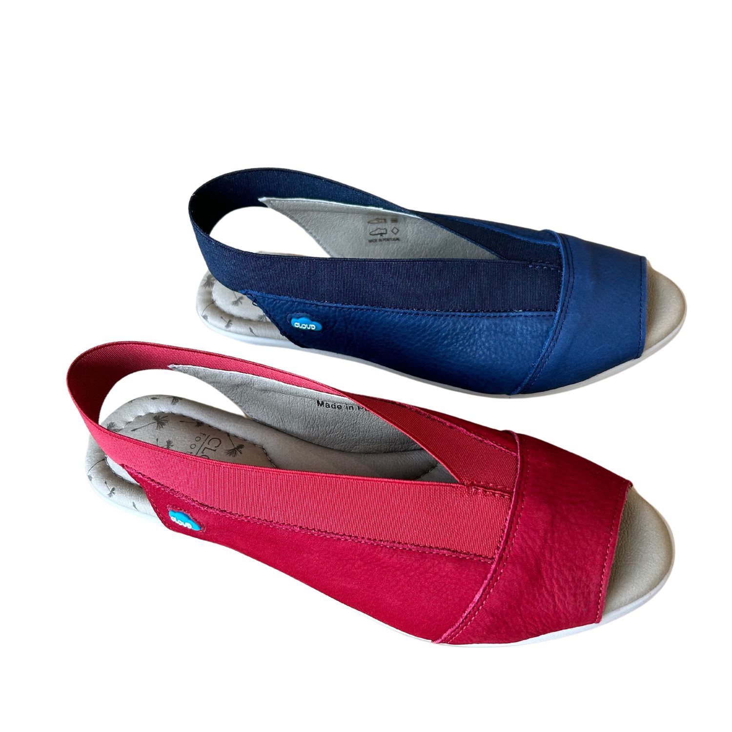 Shown is a flat sandal in a red and ocean color leather.  Slip on style with elastic around the top for easy on/off and great comfort.