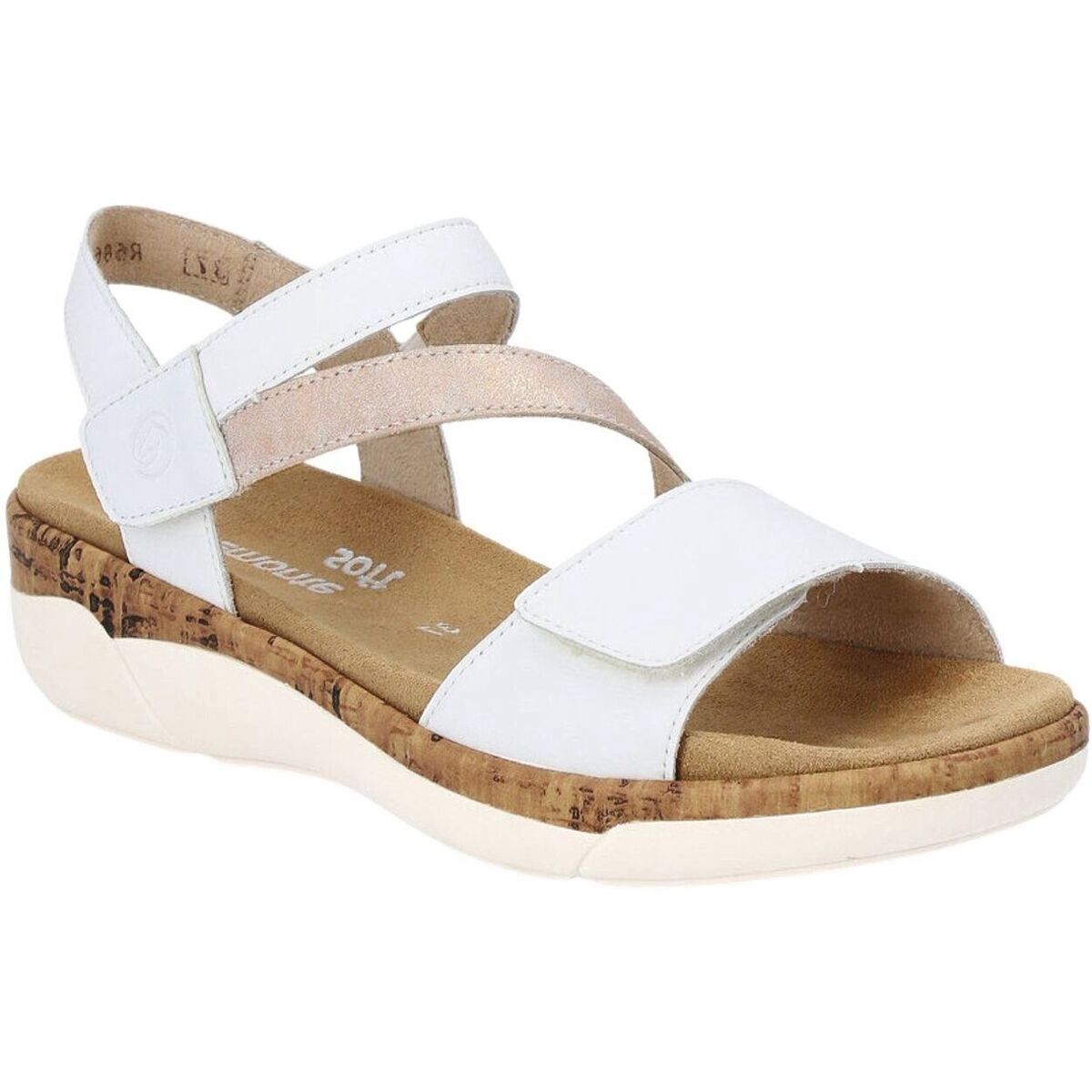 Angled front view of a sandal in white leather with a rose gold cross strap over the mid-foot.  Adjustable at the forefoot and cross straps.