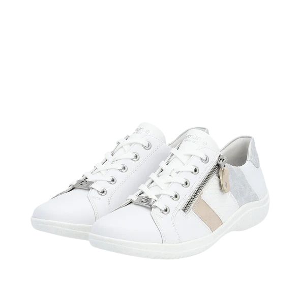 A classic, clean white sneaker with laces and a zipper