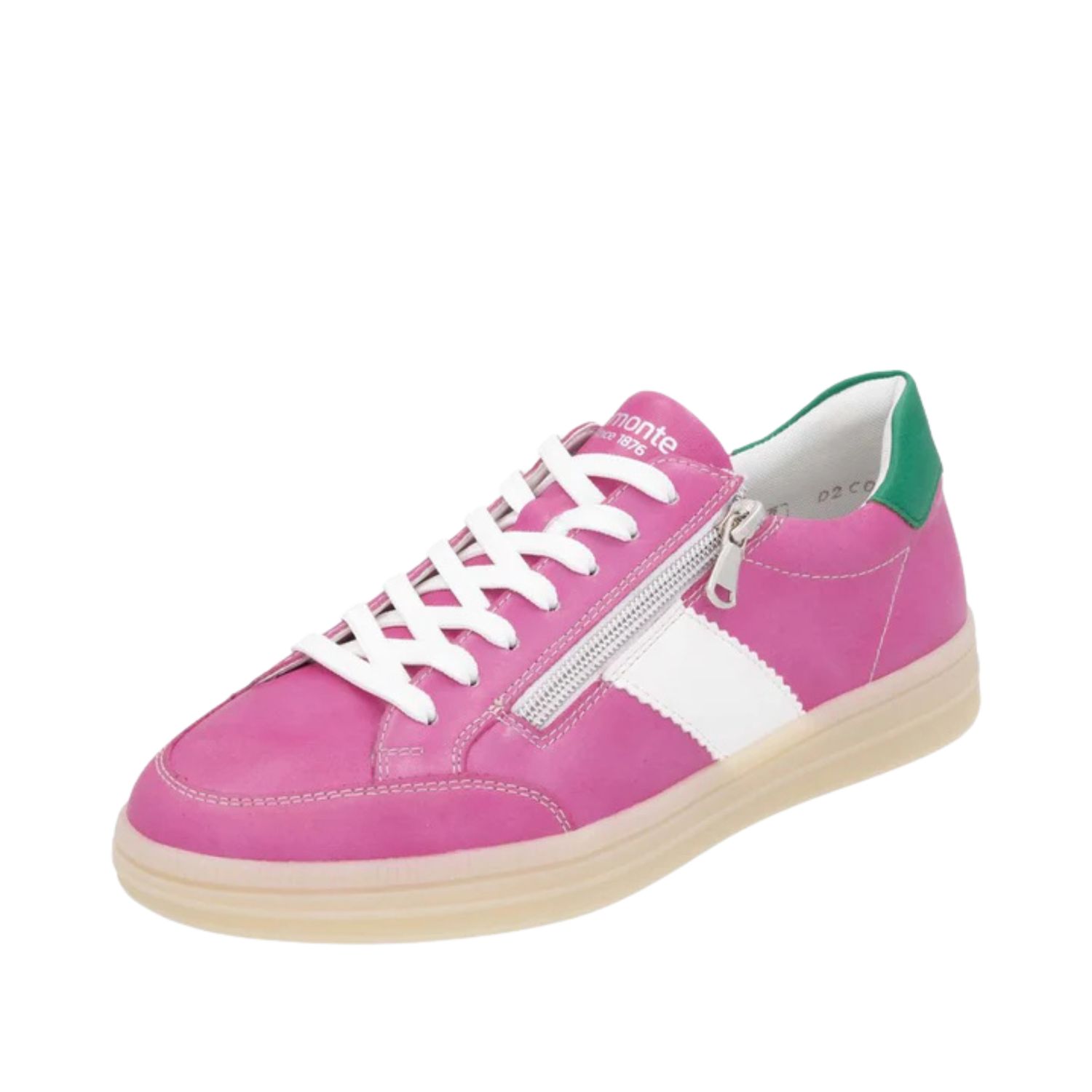 Angled front view of a lively pink sneaker with a pop of green on the heel cap.  White stripe across the middle.  White laces to adjust fit and zipper for easy in/out.