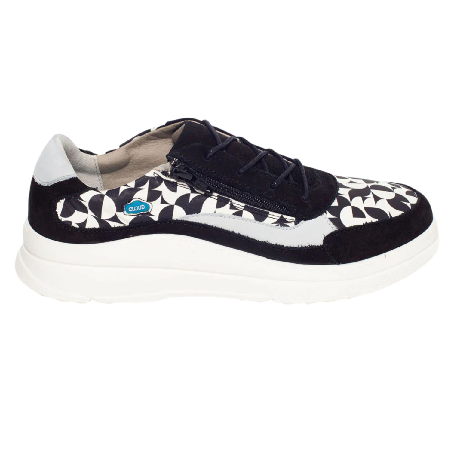 View of the  outside lines of a black and white sneaker with black laces and white sole.