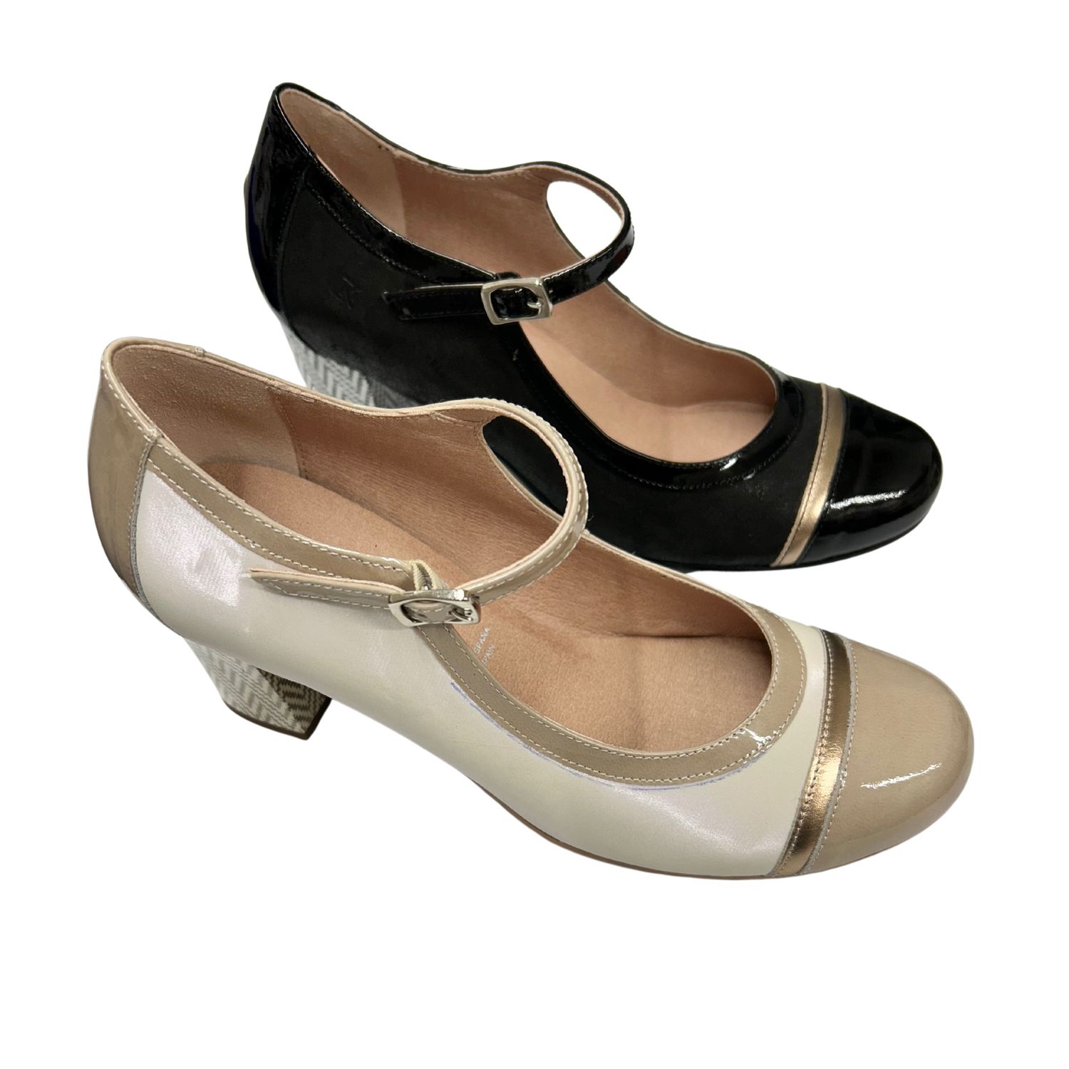 Angled front view of a Mary Jane pump in a cream/taupe combo and a black.