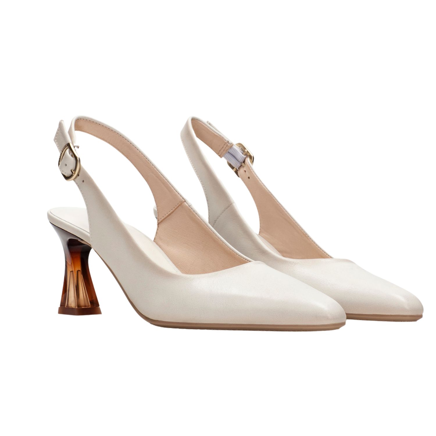 A pair of cream colored slingback pumps with a greige lucite heel.  Adjustable heel strap.