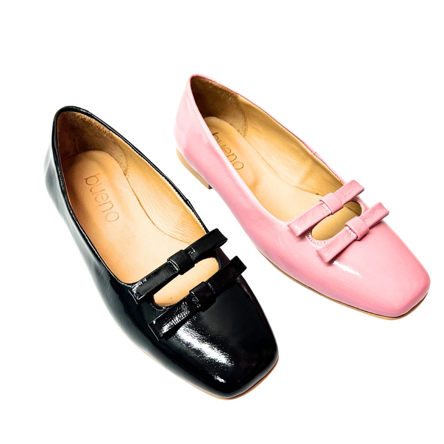 Angled front view of a cute little flat.  Shown in both black and soft pink.