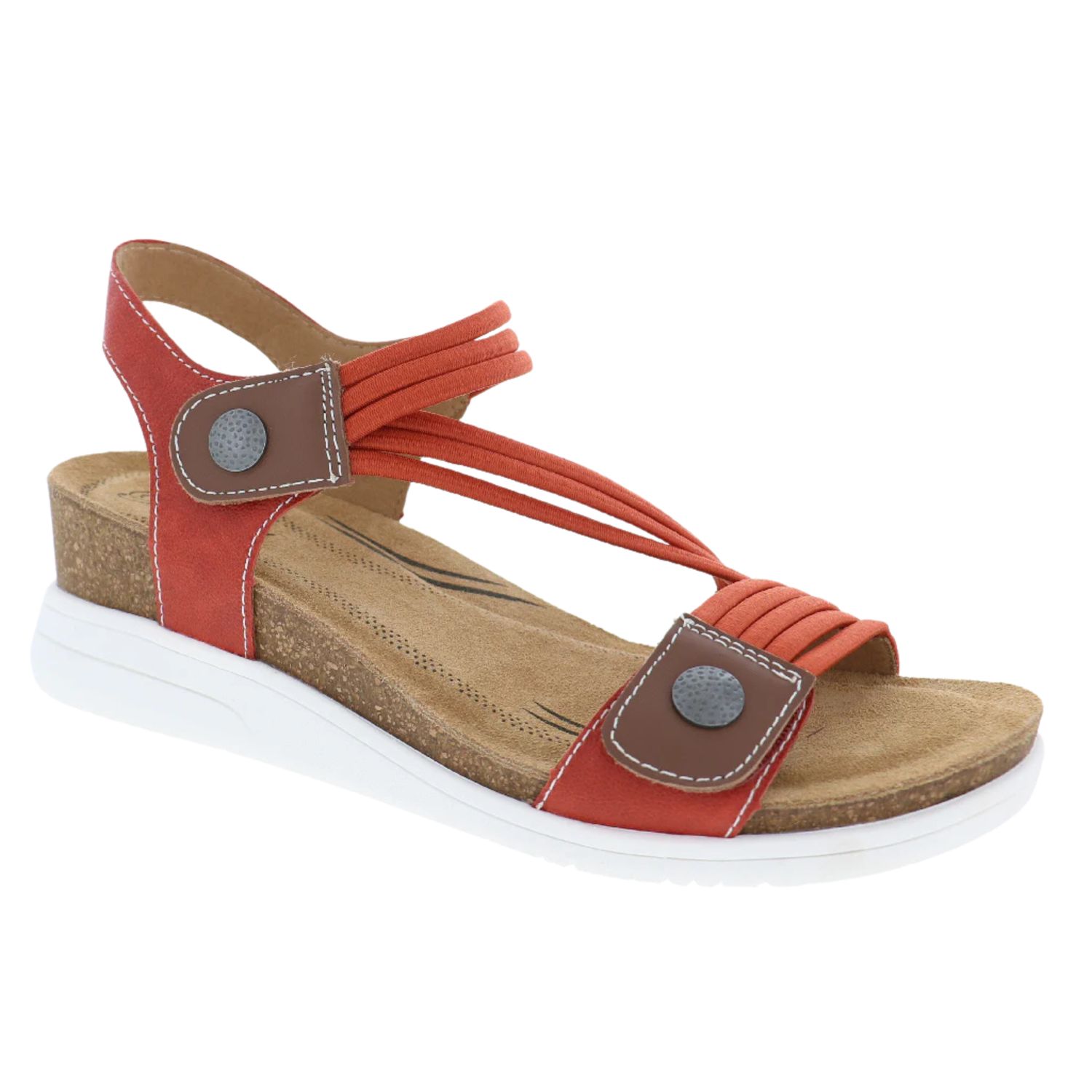 Angled front view of a walking sandal by Biza with a wedge heel.  The Saint sandal has 2 points of adjustment on the straps.