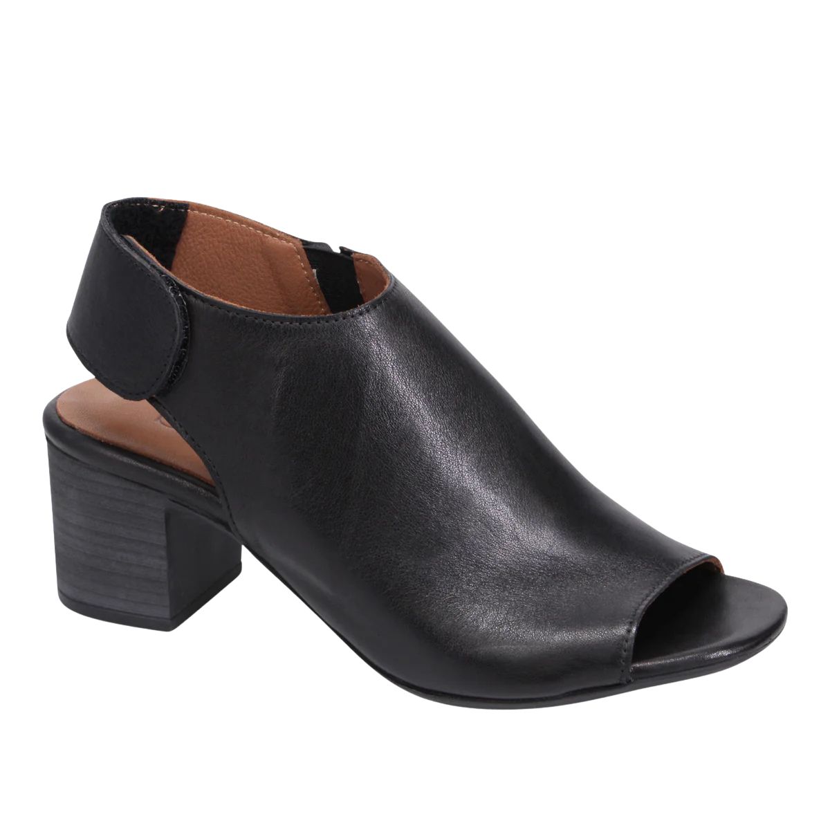 Angled front view of a black leather shootie.  Open toe and heel.  Block heel.