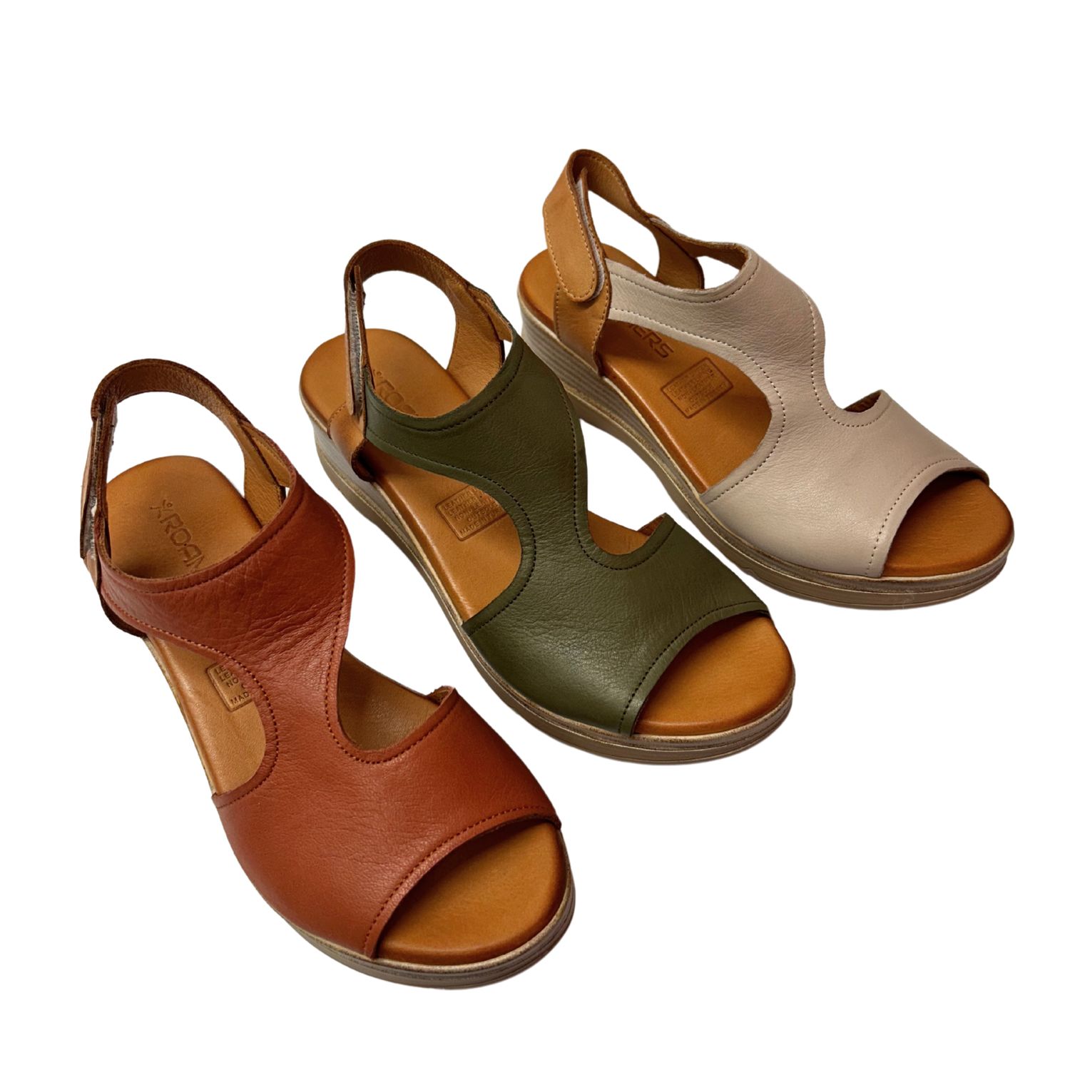 Angled front view of a summer sandal.  Shown in 3 colors - tan, khaki and cream leather.