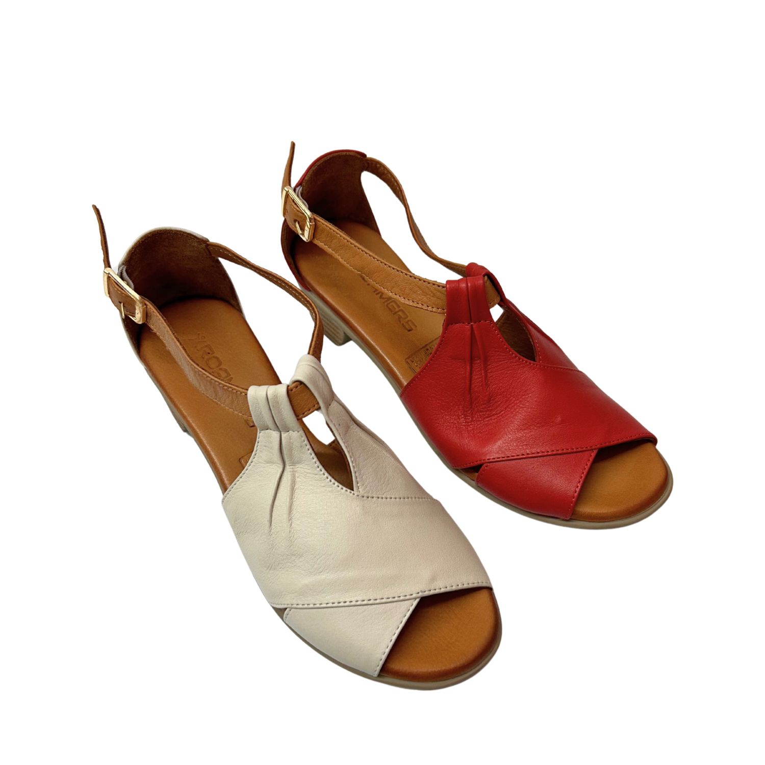 Angled front view of a sandal with an open toe and closed heel.  Shown in 2 colors - red and beige.  