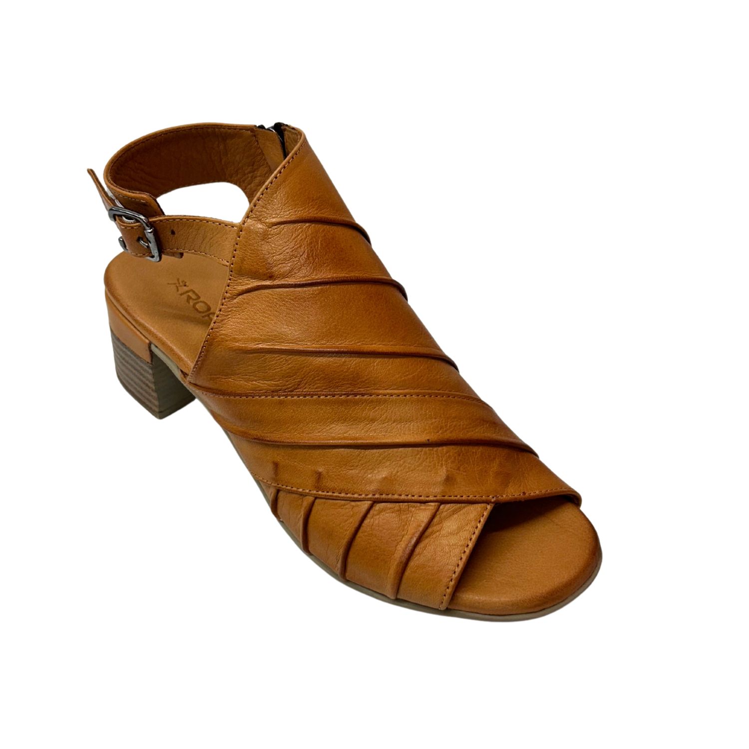 Angled front view of a beautiful tan leather sandal.  Leather is layered across the upper almost like a bandage.  Open toe and heel.