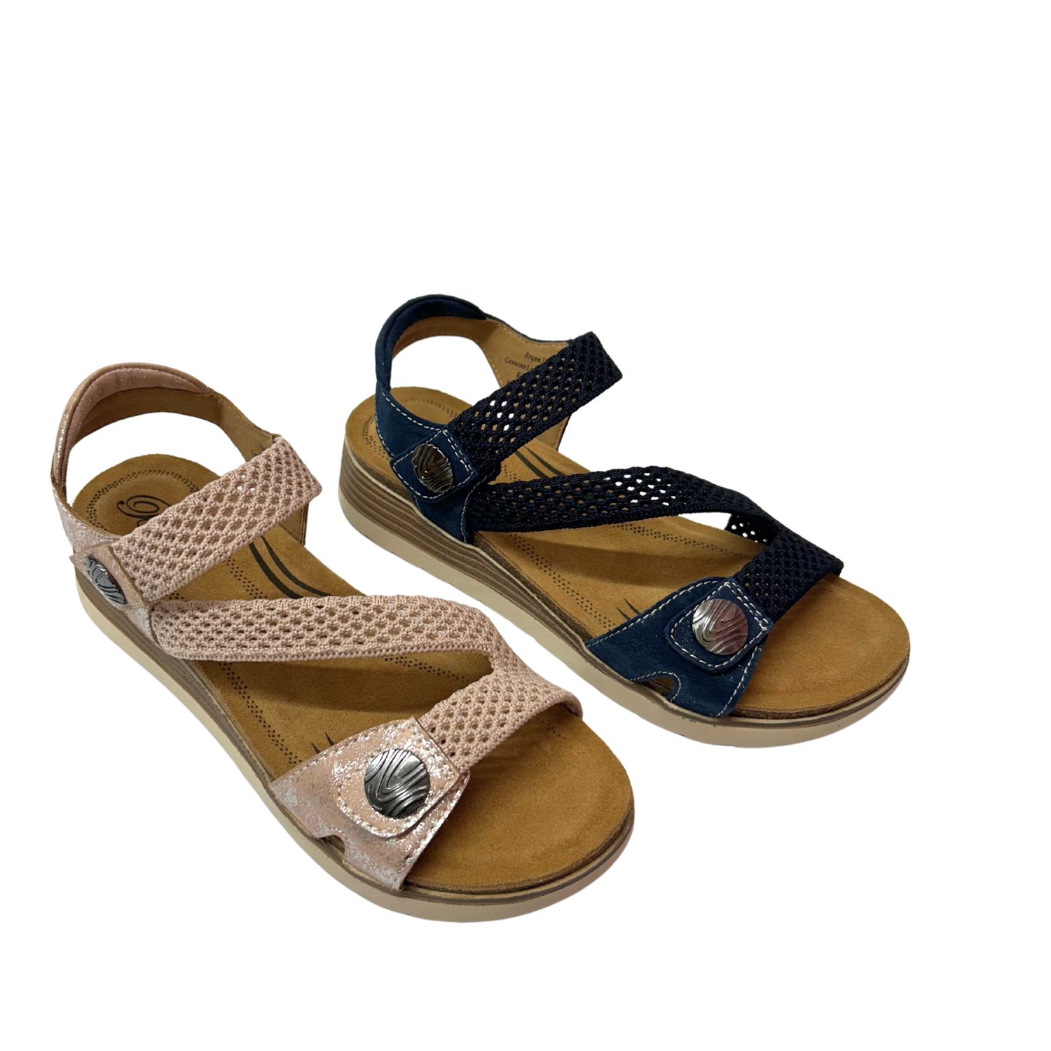 Walking sandal shown in 2 colors - navy and soft pink.  Shop Biza