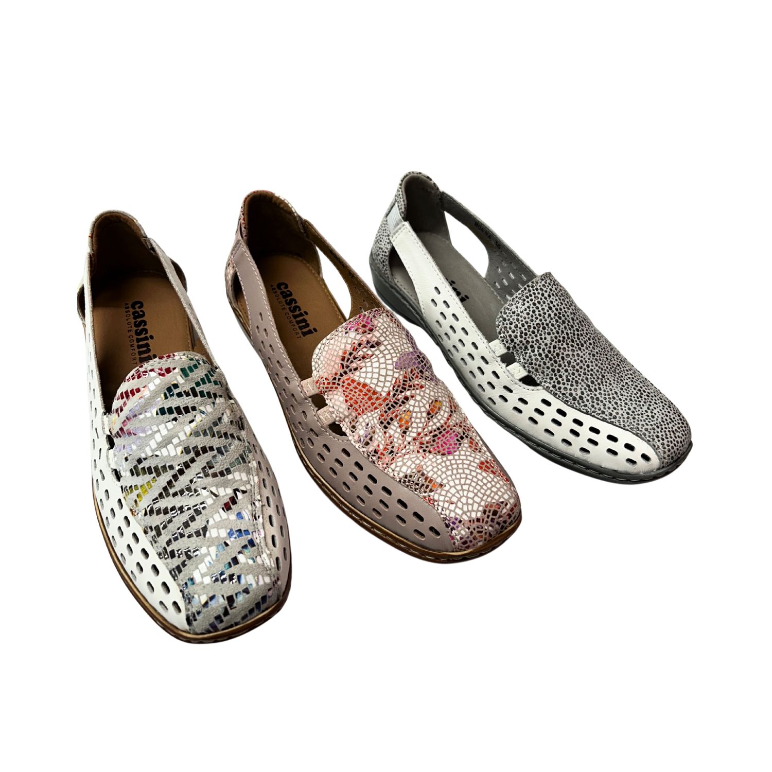 Angled front view of a summer loafer in 3 different colorways.  Shop Cassini.