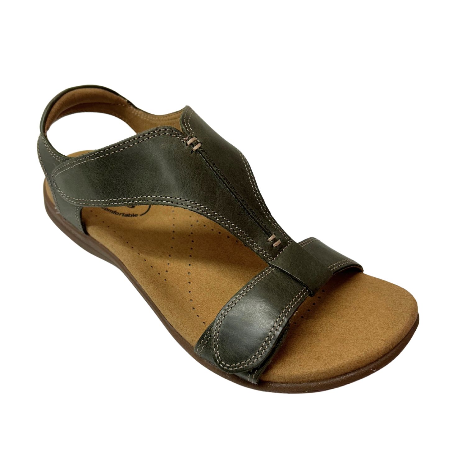 Angled front view of a sandal in an olive leather.  