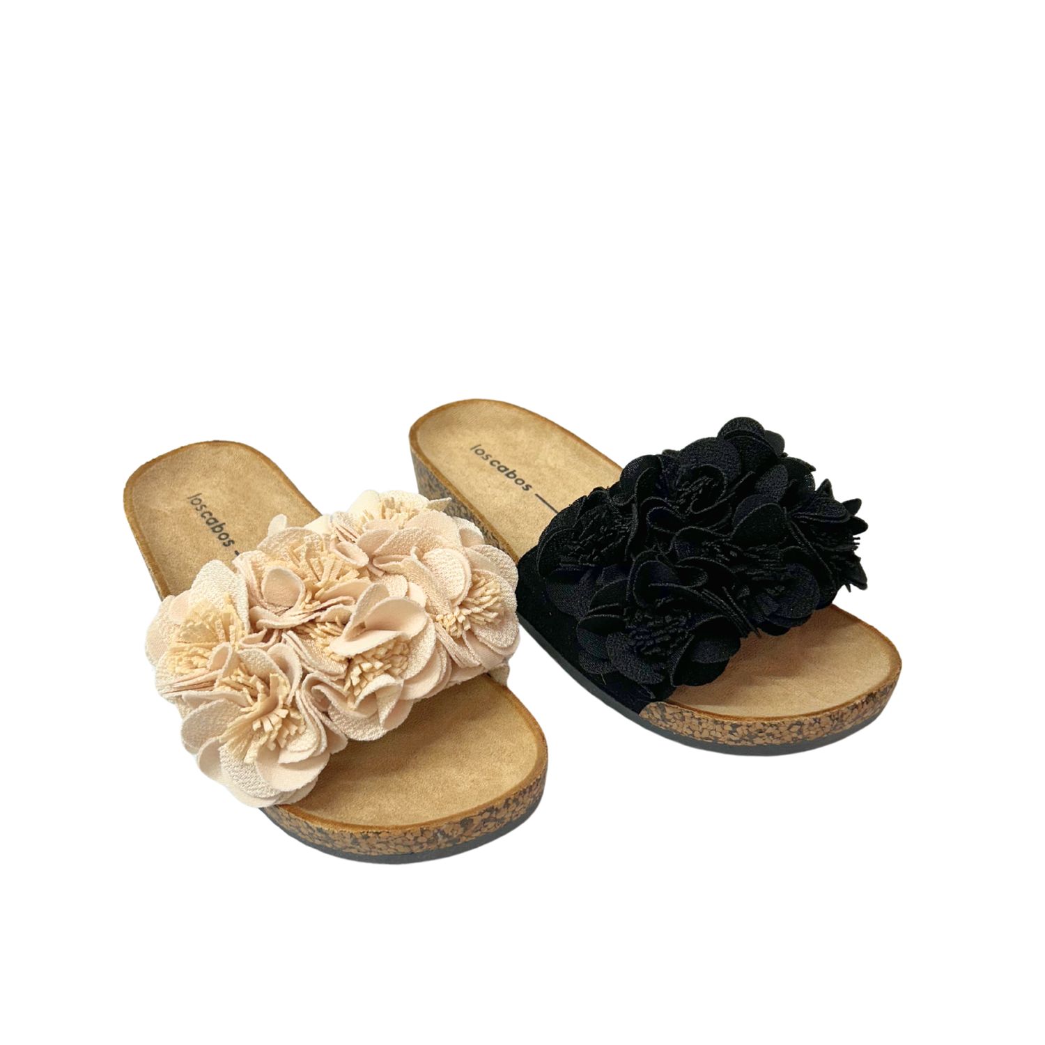Angled front view of a summer slide.  Shown in both a natural color and black.  Shop Biza Corsage.