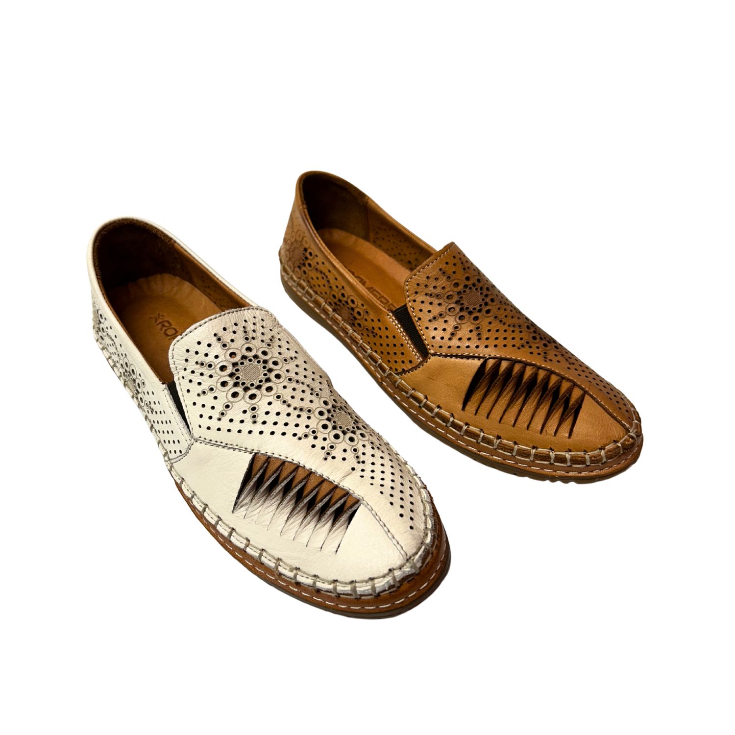 Angle front view of a summer loafer shown in 2 colorways.  A creamy leather and a tan leather.