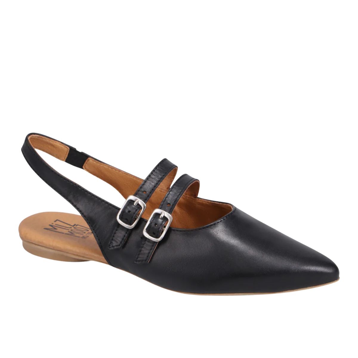 Angled front view of a flat, slingback.  Closed, pointed toe.  Slip on style with a small elastic section in the back strap.  Also has 2 adjustable top straps which help with fit but also make a bold fashion statement.  Shown in black leather.