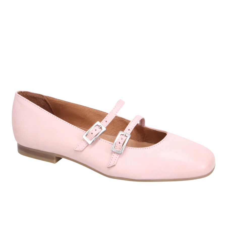 Angled front view of a soft pink ballet flat.  Double, adjustable top straps.