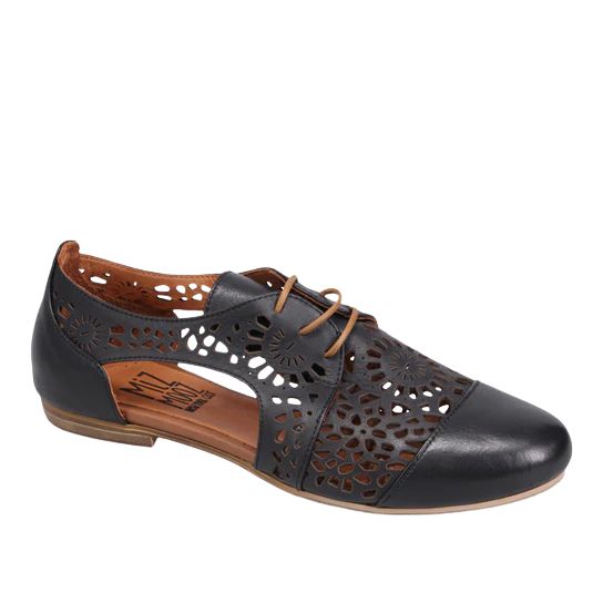 Angled front view of the Miz Mooz Kenan oxford.  Unique styling has laser cut outs in the leather and open sides.  Shown in black leather.
