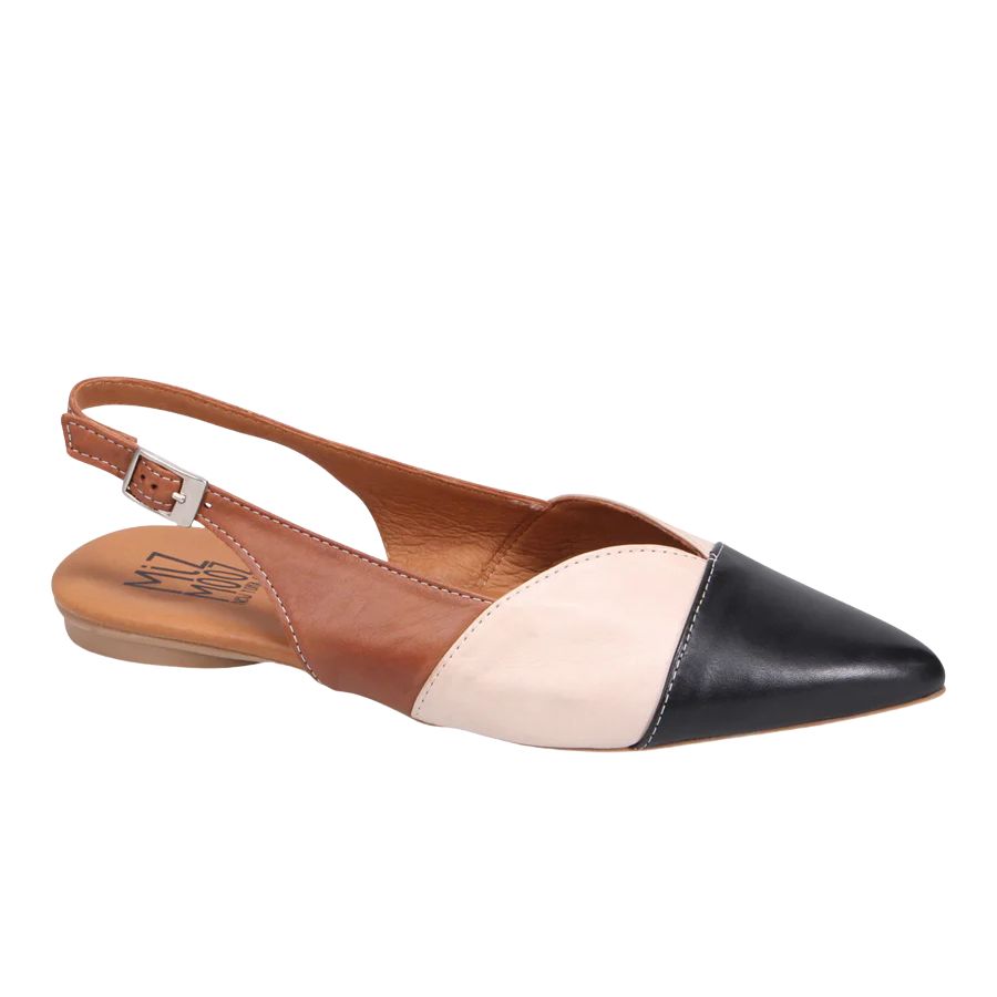 Outside view of a slingback flat.  Pointed toe, sweetheart line at the top, and adjustable back strap.  Color combination of black, cream and tan.