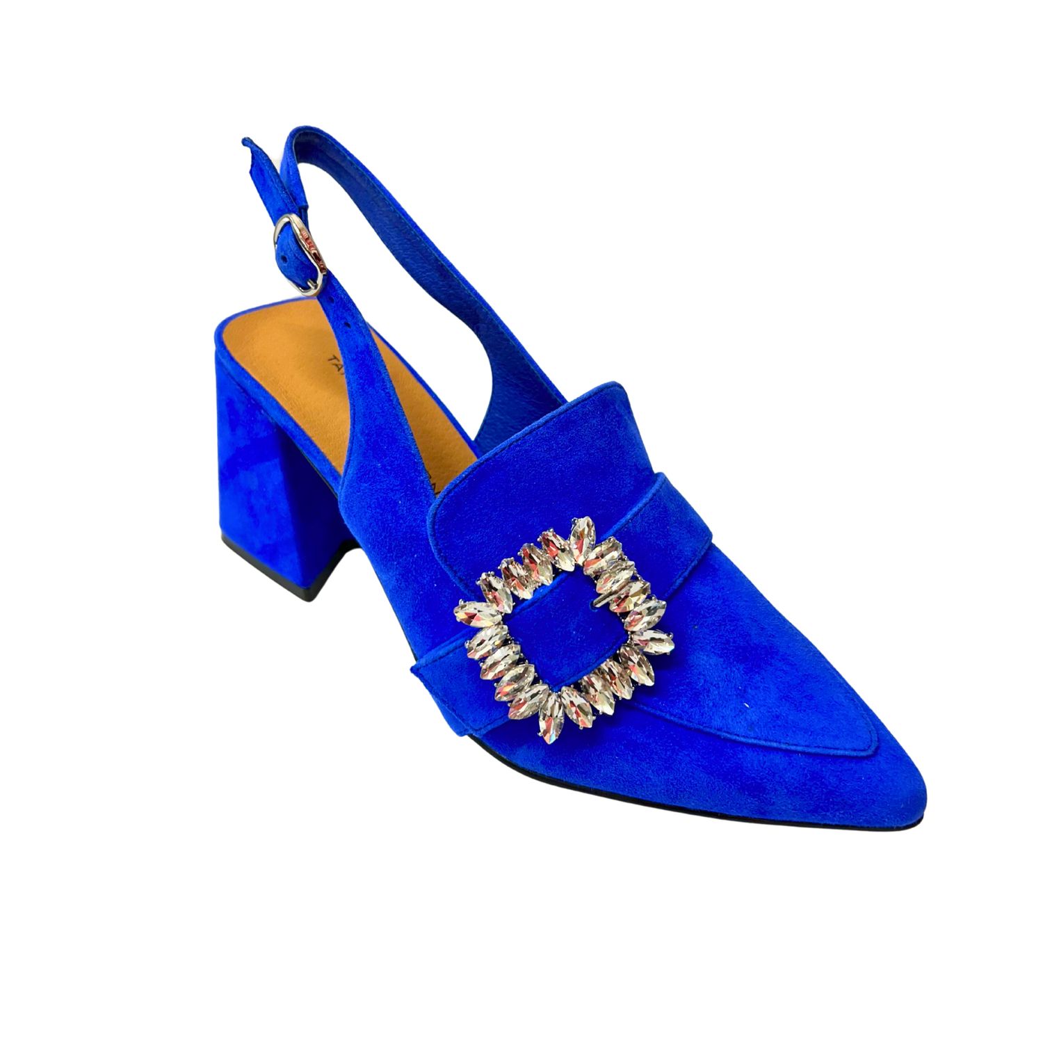 Angled front view of a gorgeous slingback pump in electric blue velvet!  Crystal buckle on outside.  Block heel.