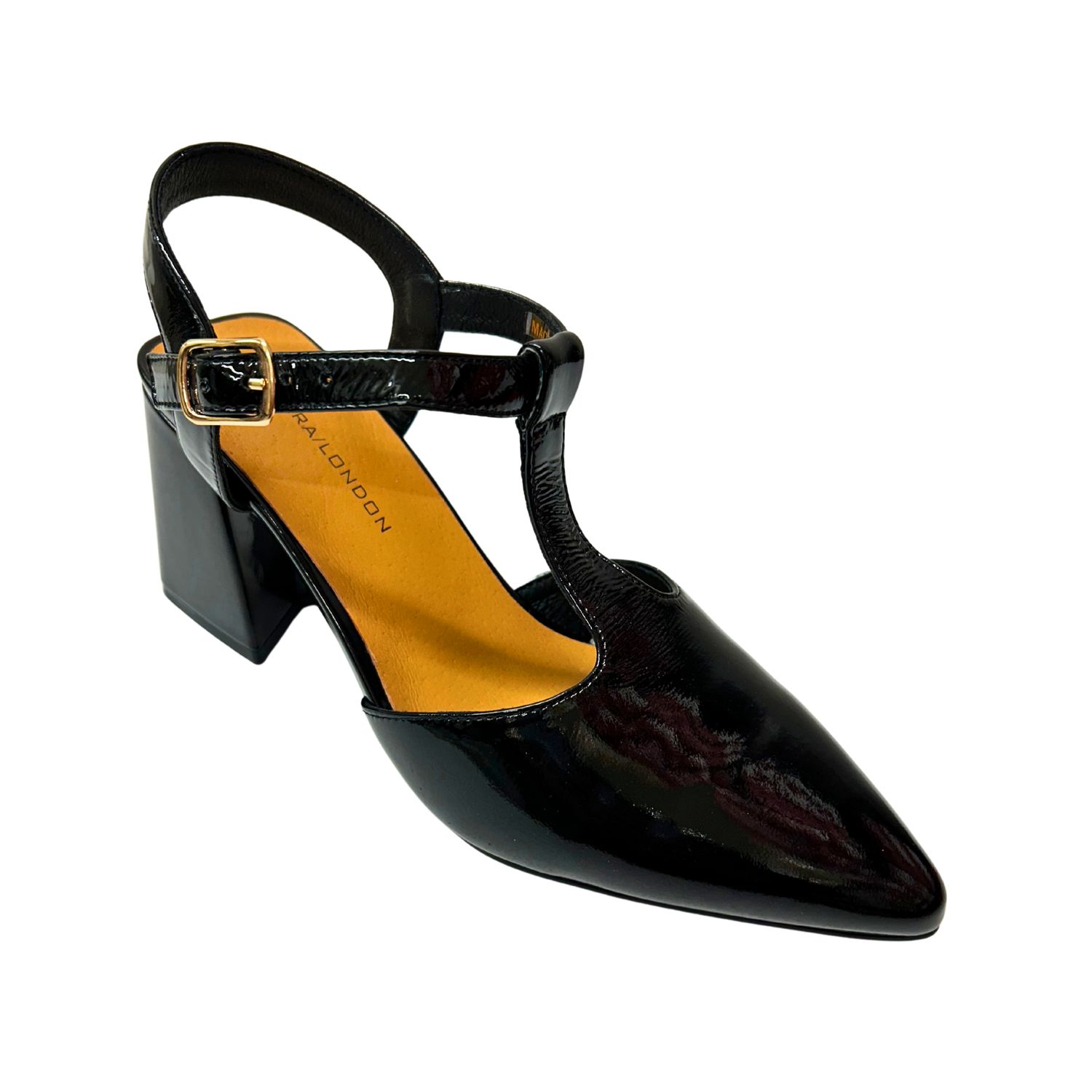 T-strap pump in black leather.  The Briette by Tamara London.
