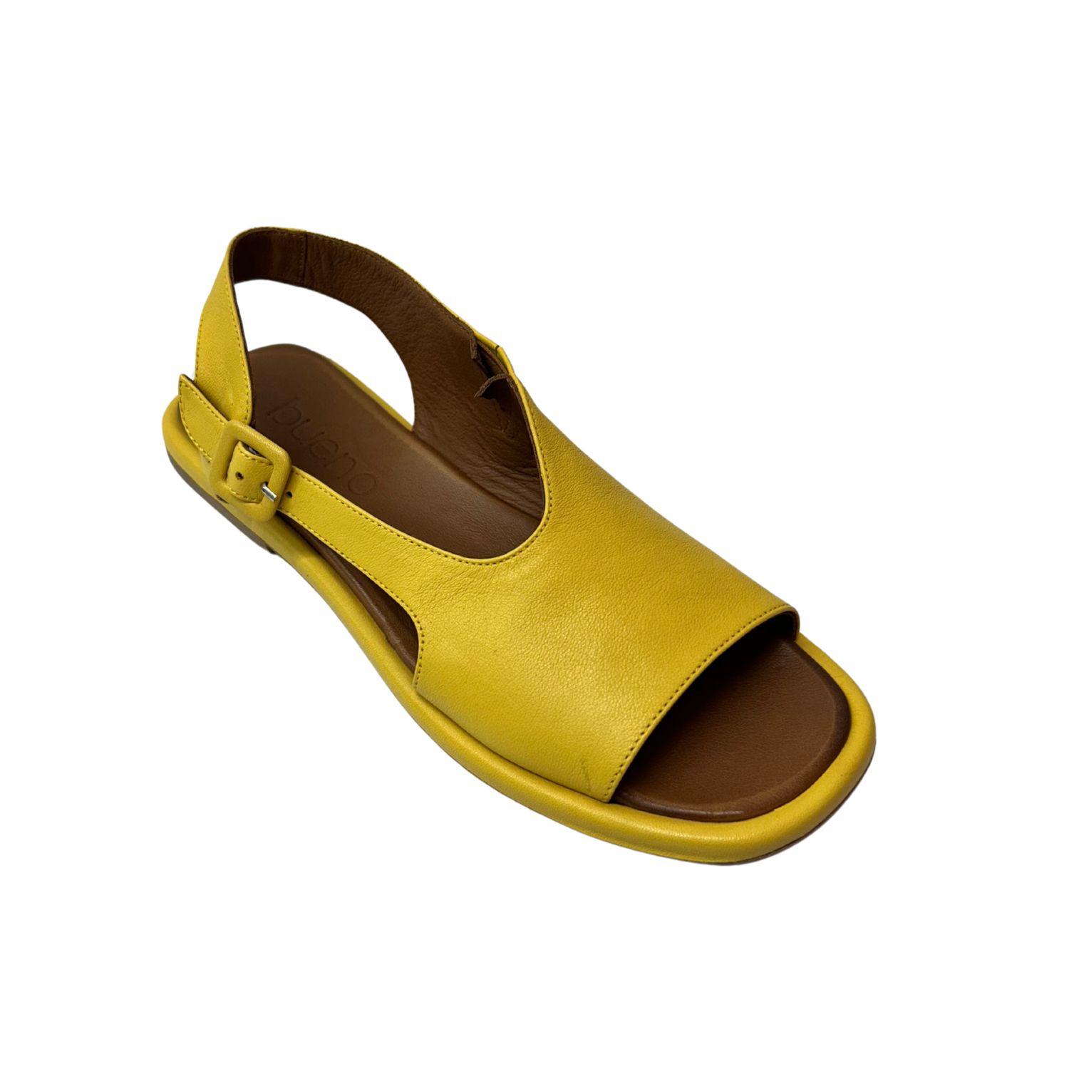 Angled front view of a sandal in yellow leather.Open toe and heel.  Side strap is adjustable.