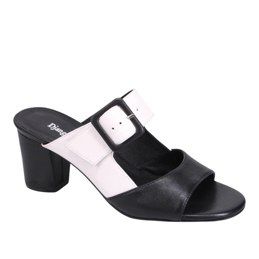 Angled front view of a black and white leather slide.  Chunky heel and open toe.  Adjustable strap at top.