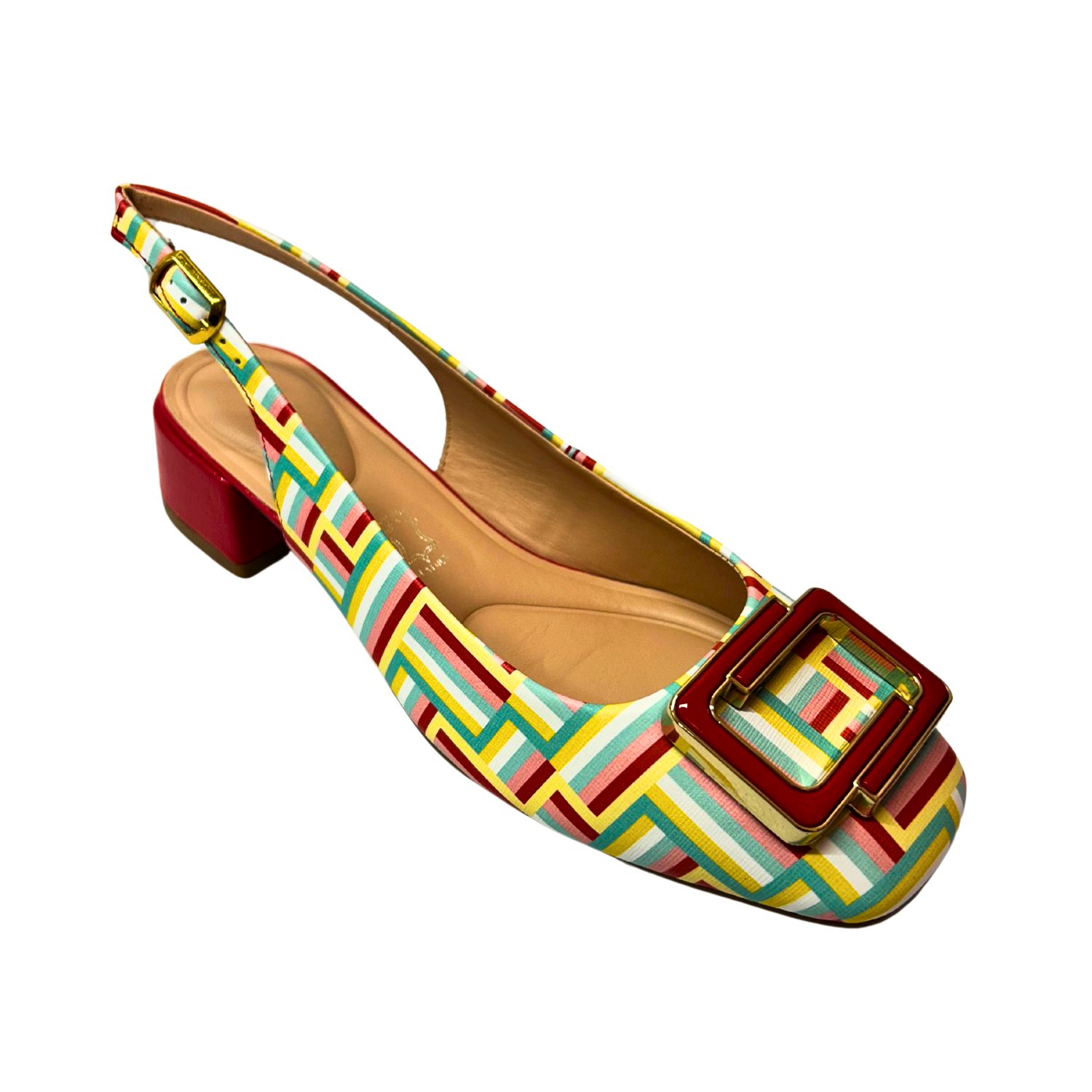 Angled front view of a slingback pump with a low, square heel.  Color pattern in a lime green, white, and burgundy.