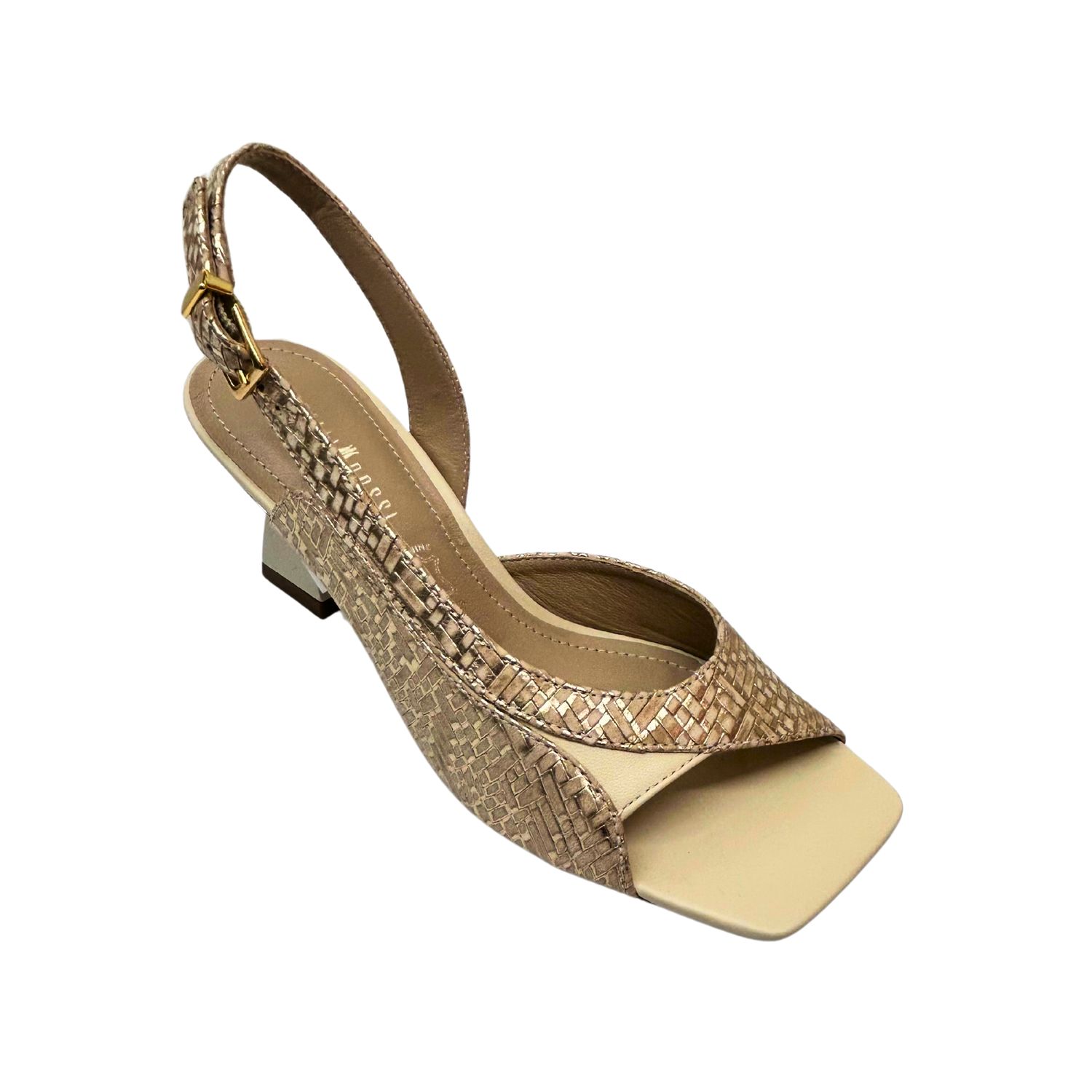 Angled front view of a shimmery gold special occasion sandal.  Open toe and heel with a cut down the inside.