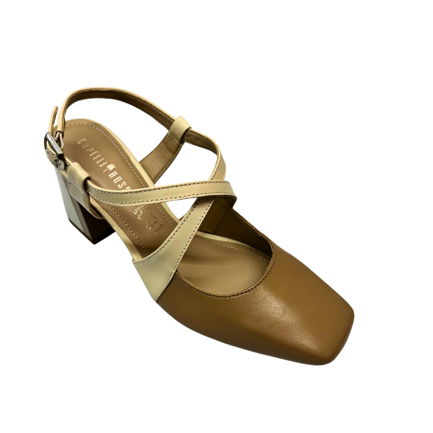 Angled front view of a dressy sandal with a closed toe and open heel.  Soft, square toe.  Cross straps over the mid-foot.