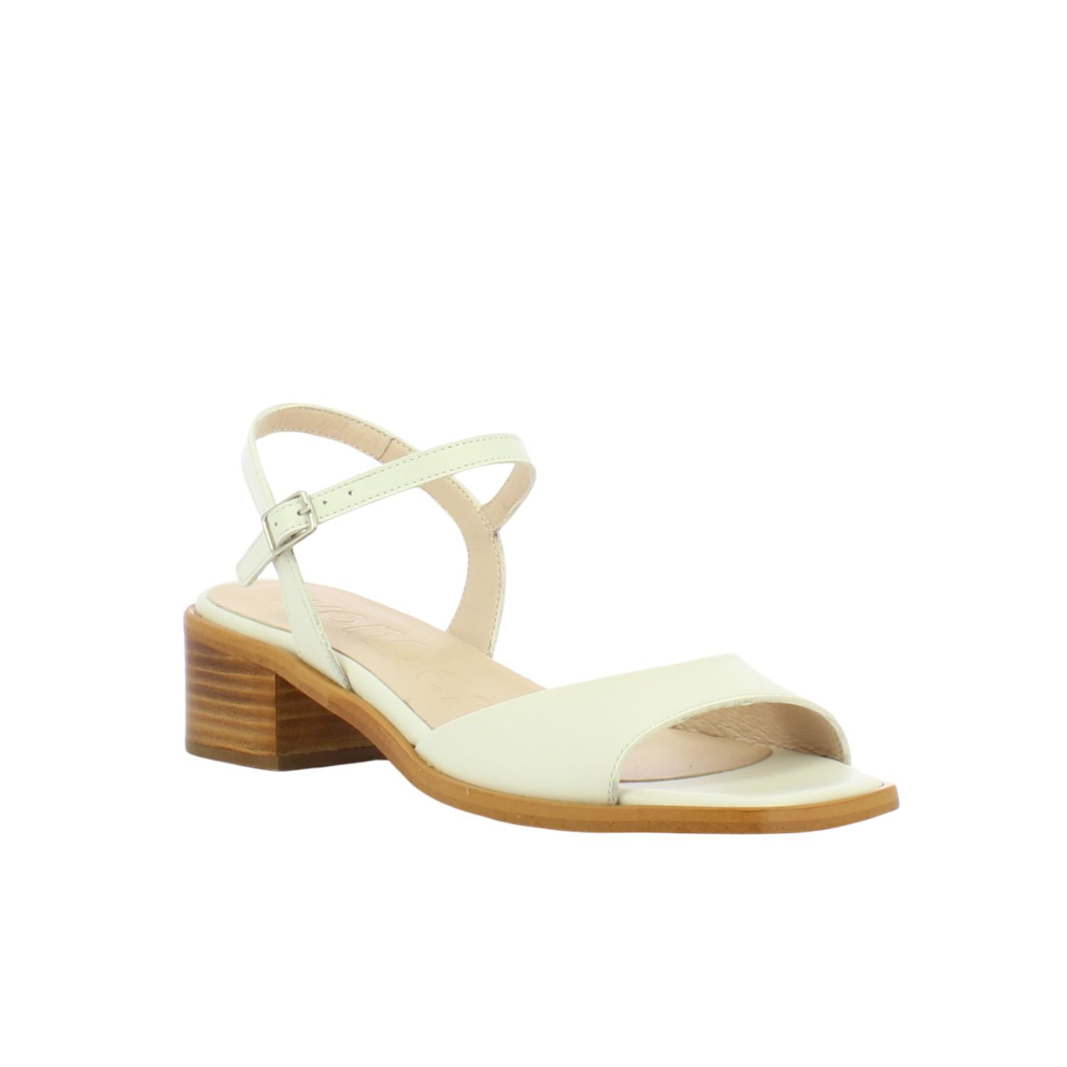 Angled front view of a white leather sandal with a stacked block wood heel.  Adjustable ankle strap.