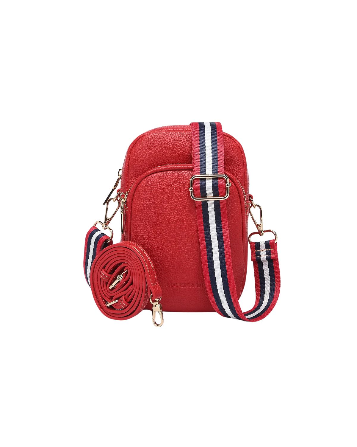 Small phone bag with extra pocket.  Comes with 2 straps - one is multi-colored and the other matches the bag.  Vegan.