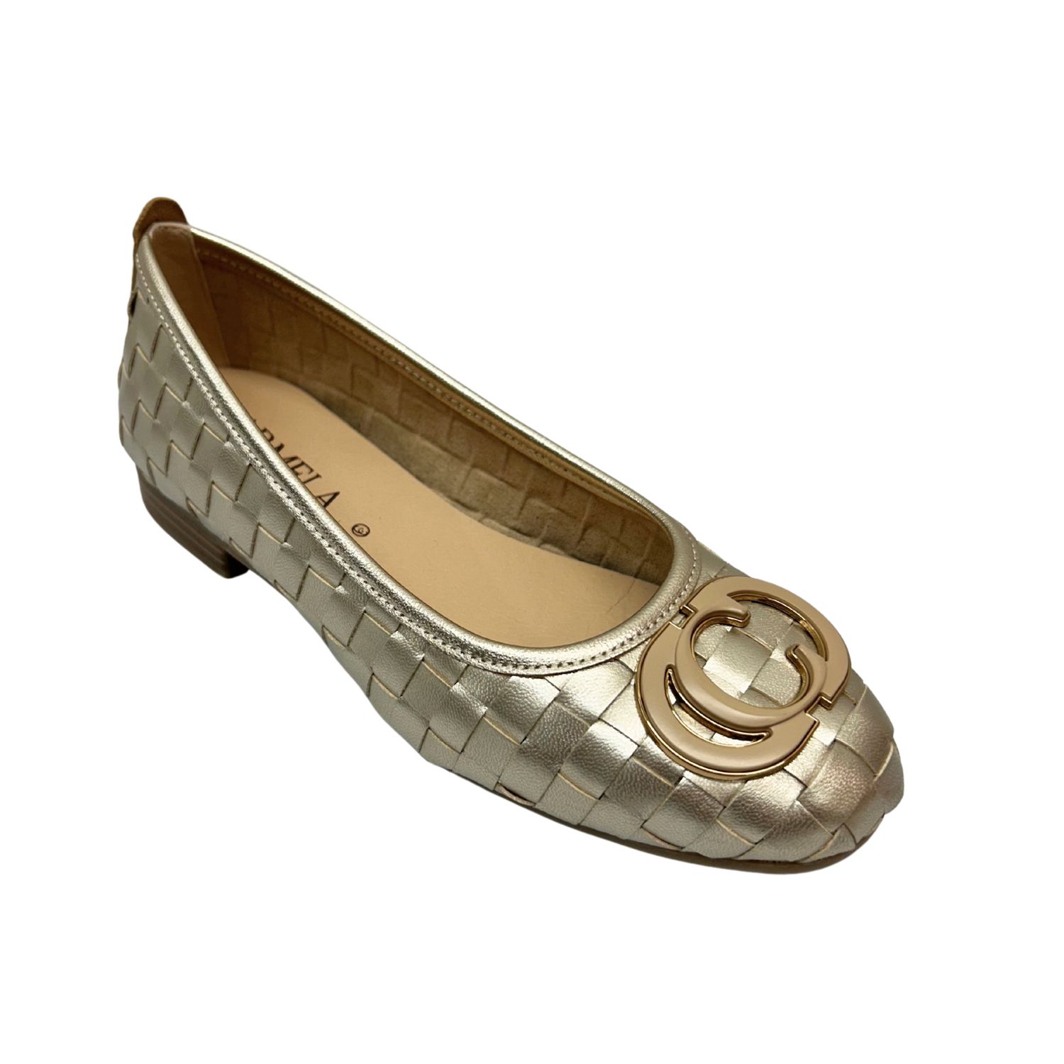 Angled front view of a ballet flat in a metallic leather weave.  Also has a metallic charm on the toe.