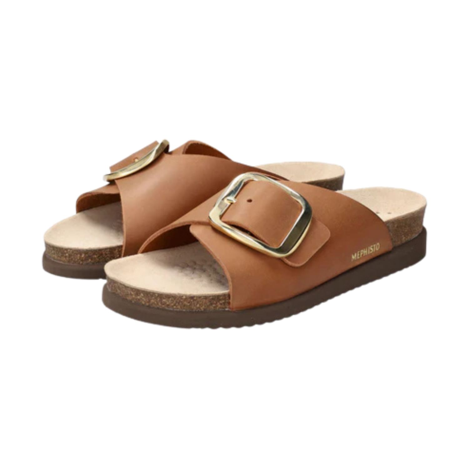 Angled front view of the Mephisto Hariana in the camel color with gold buckle on the top.
