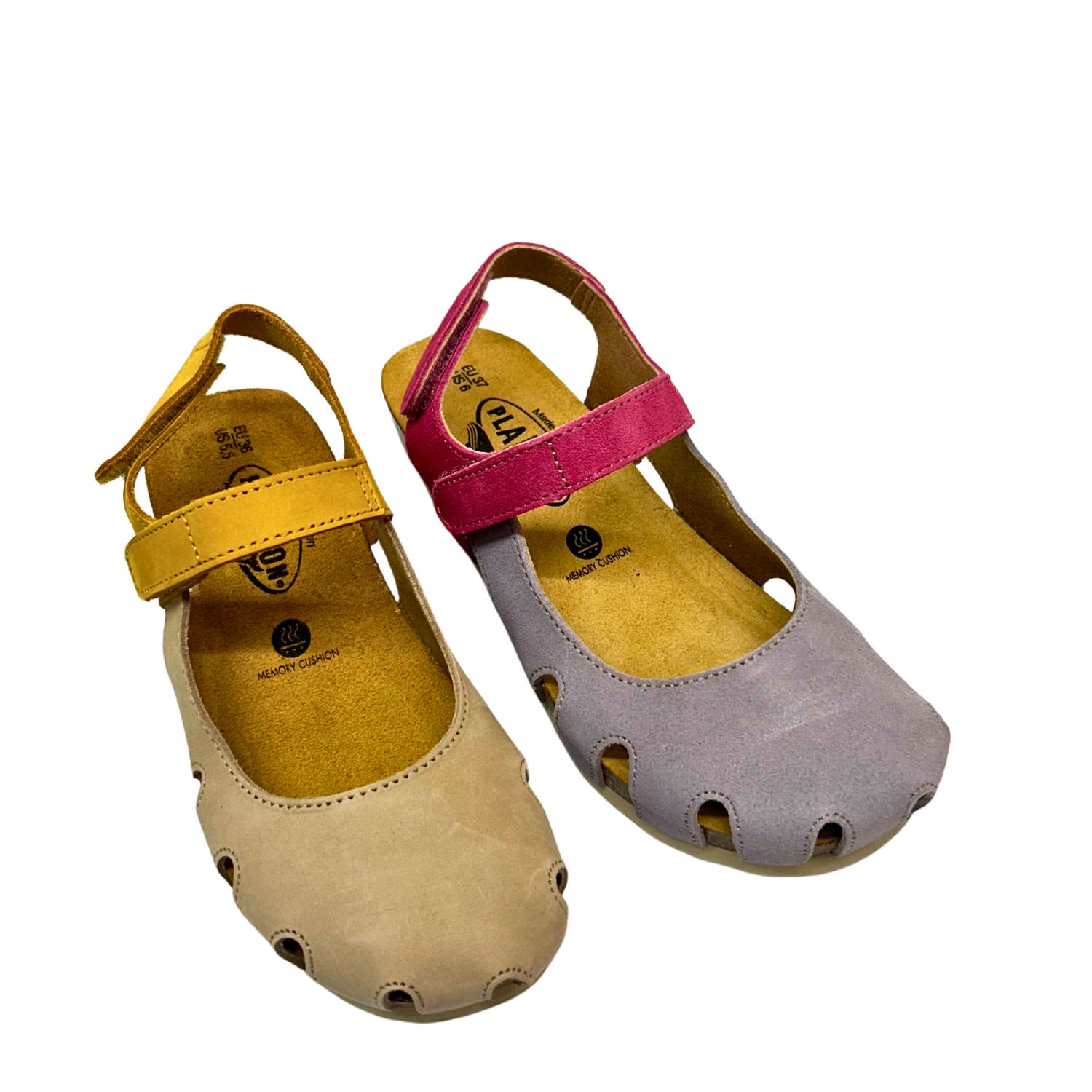 An angled front view of a closed toe walking shoe that has a clog style appearance.  Shown in a taupe/yellow and lilac/raspberry combination.