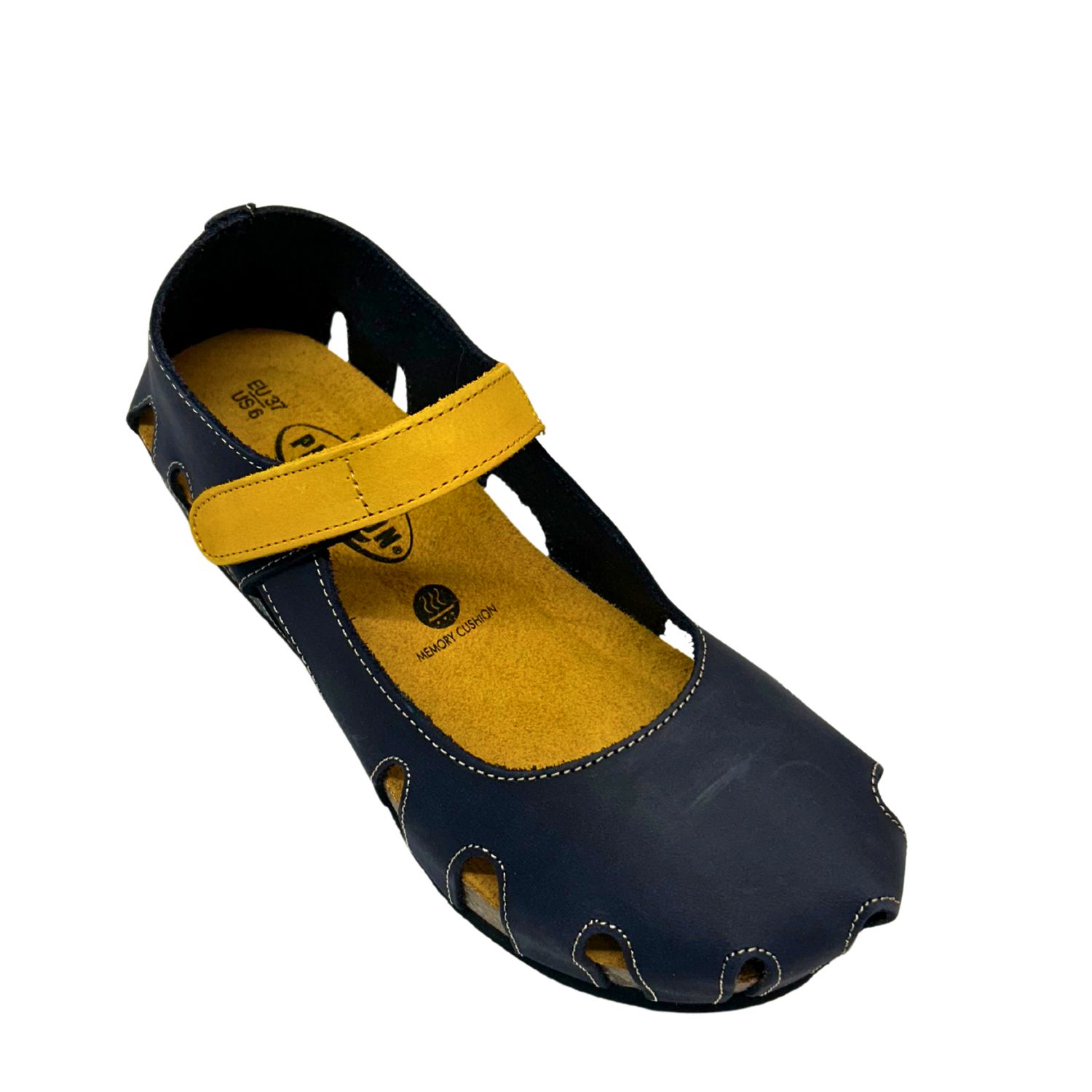 Angled front view of a clog style walking shoe with a closed toe and heel.  Body of shoe is a navy nubuck leather and the cross strap is yellow.