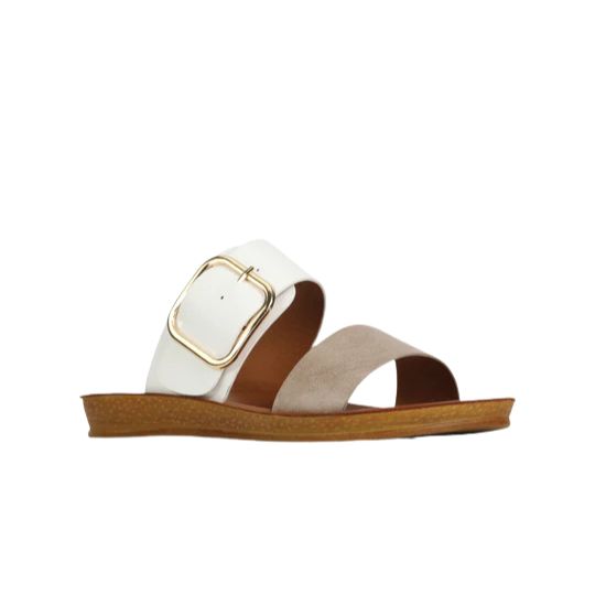 Angled front view of a slip on sandal with a vegan upper.