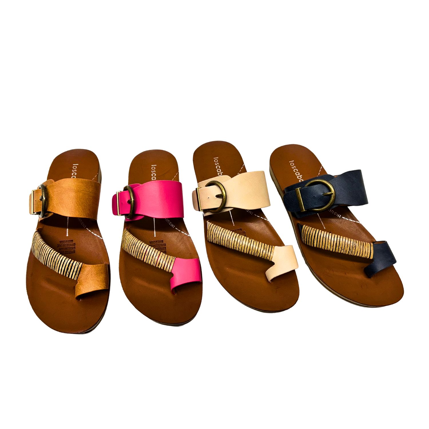 Front view of a flat, walking sandal shown in 4 colors.