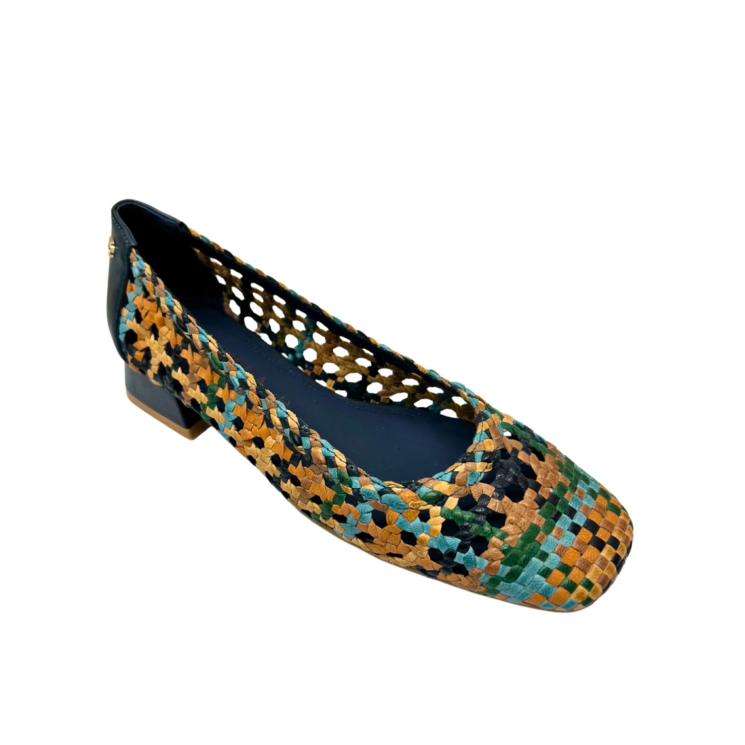 Angled front view of a ballet style shoe with a low square heel.  The leather is in a woven pattern with a base color of blue and multiple other colors throughout.