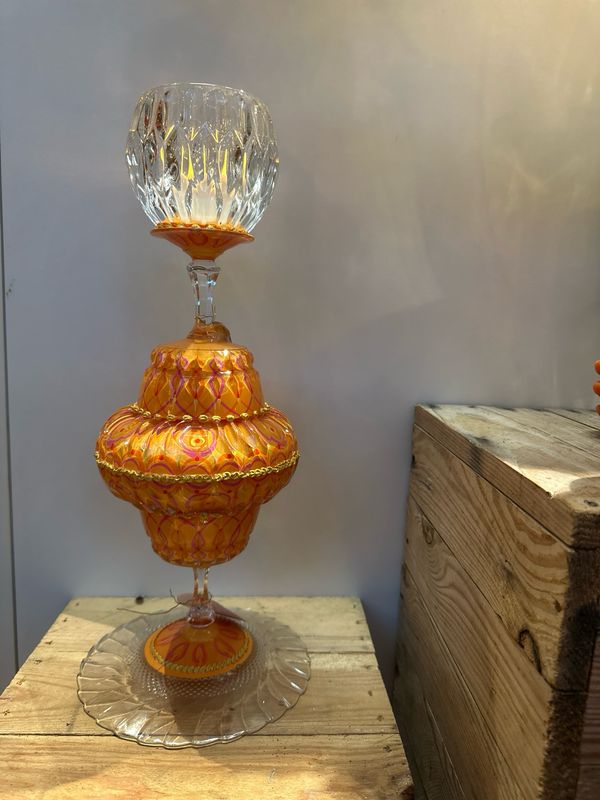 Kristallen kandelaar oranje / 42.5 cm hoog