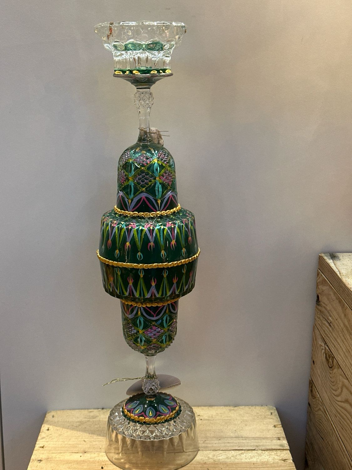 Kristallen kandelaar donker groen / 45 cm