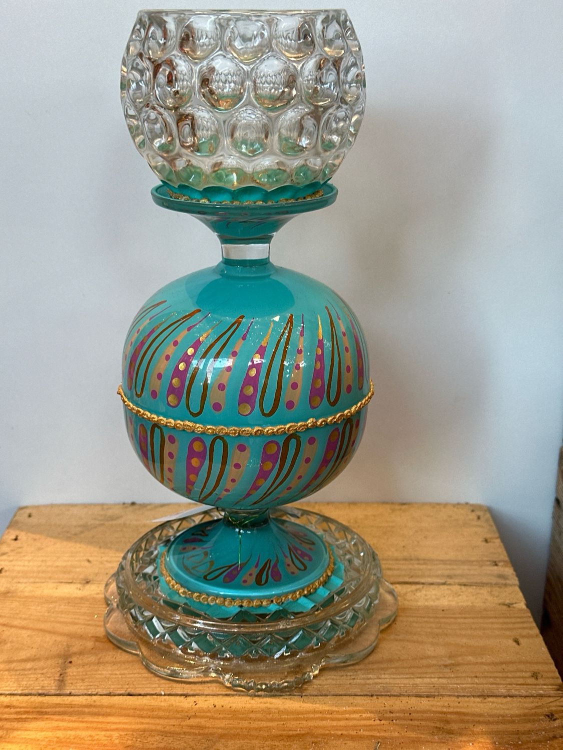 Kristallen kandelaar turquoise / 28,5 cm