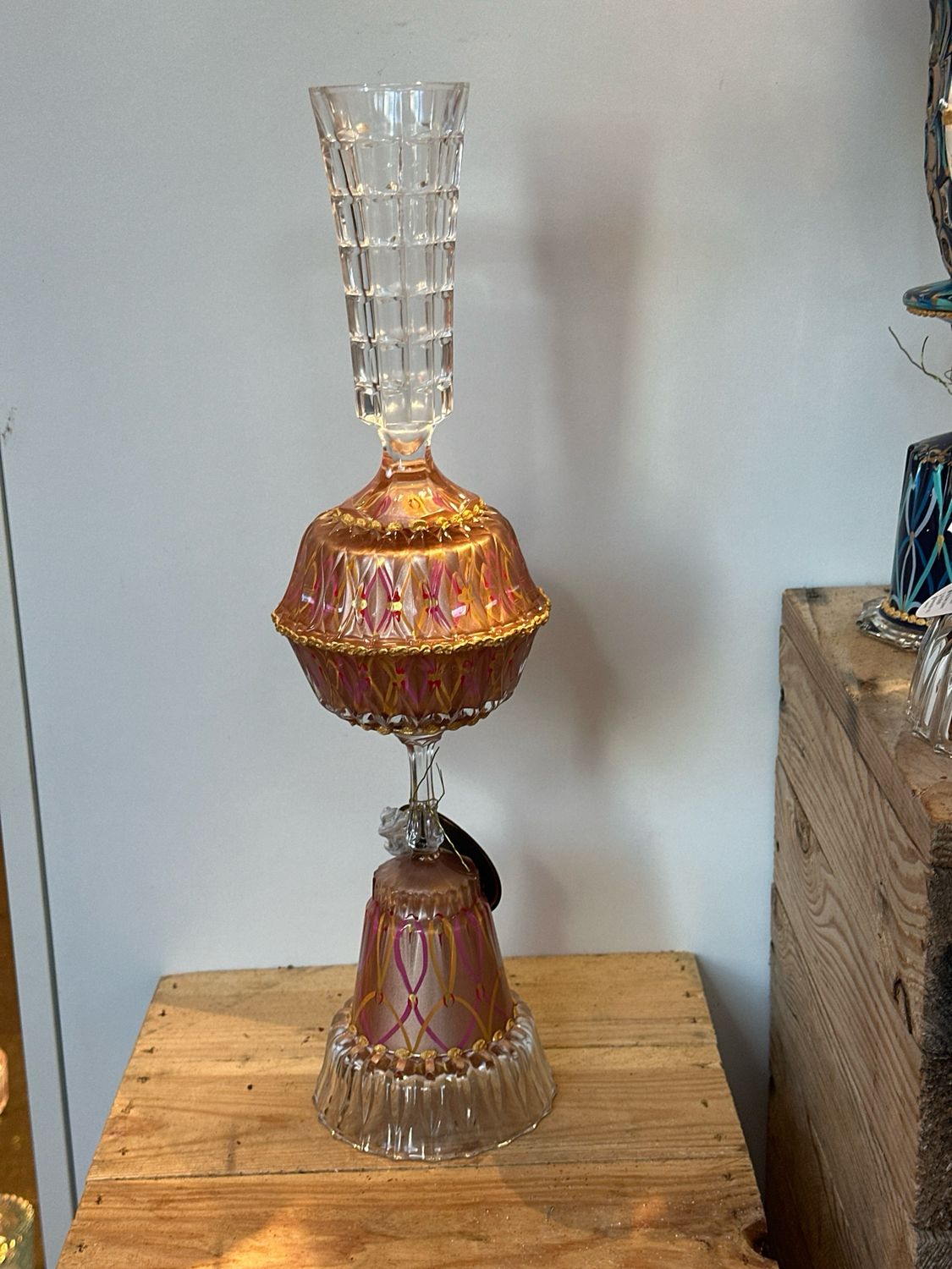 Kristallen kandelaar zalm,rose, oranje / 45 cm