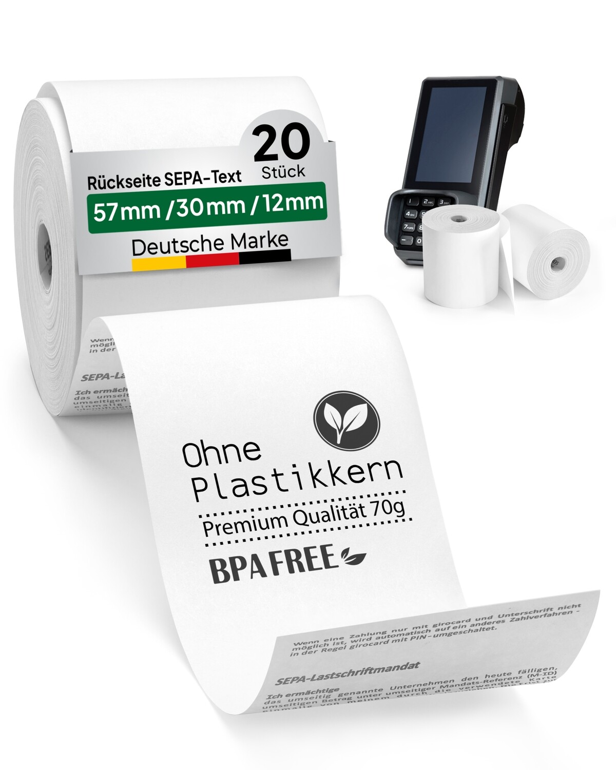 20 Thermorollen 57mmx30mmx12mm mit SEPA Text coreless ab 0,80/Rolle