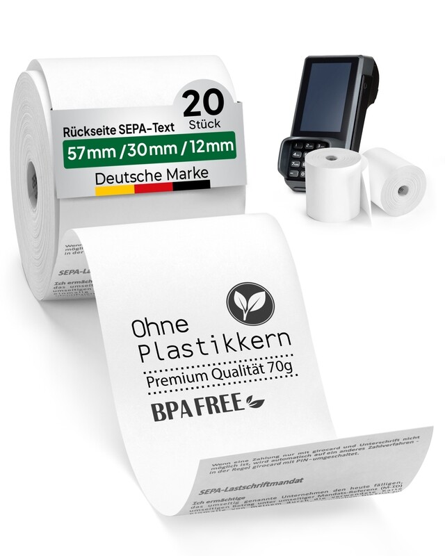 20 Thermorollen 57mmx30mmx12mm mit SEPA Text coreless ab 0,80/Rolle