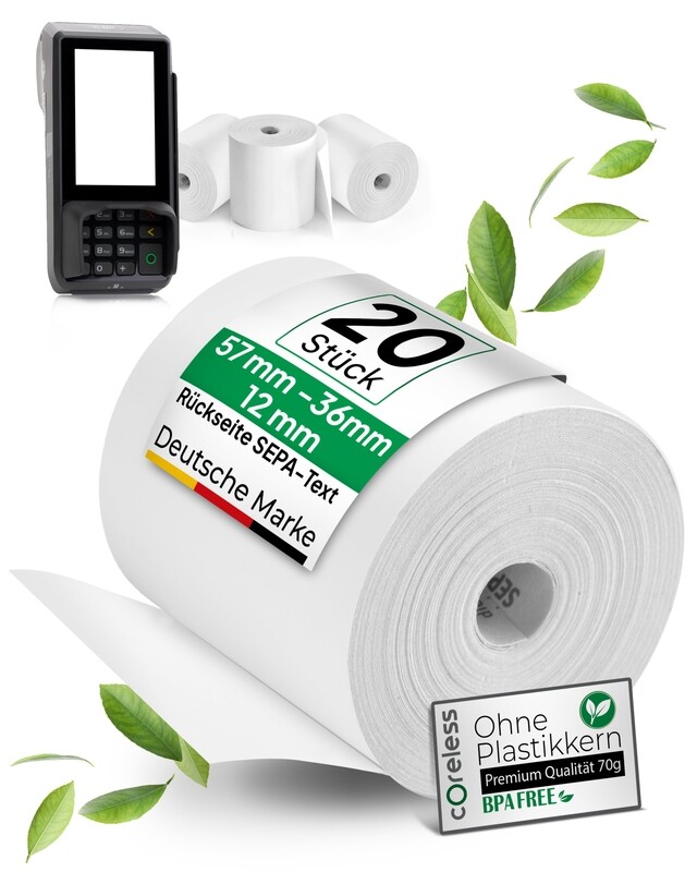 20 EC-Rolls 57mm/36mm/12mm with SEPA-Text coreless from 0,80/Roll