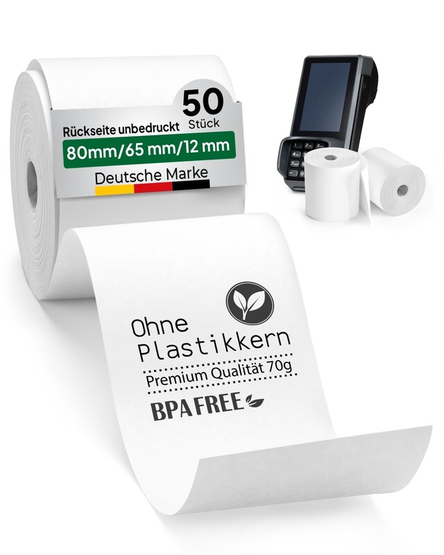 50 Thermorollen 80mm/65mm/12mm coreless ab 0,80/Rolle