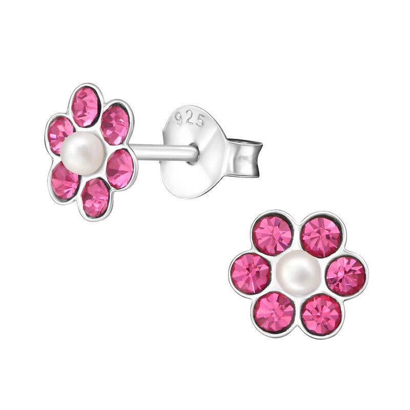Crystal Flower Classic Ear Studs - Pearl and Pink