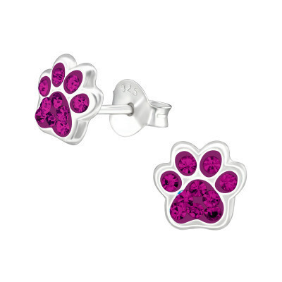 Paw Print Hot Pink Crystal Ear Studs - Fuchsia