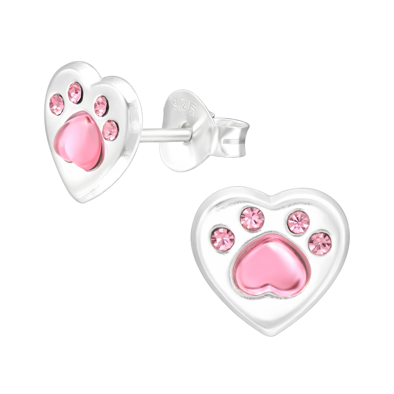 Paw Print Heart Crystal Pink Ear Studs