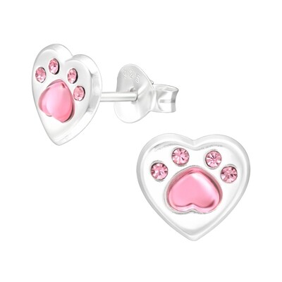 Paw Print Heart Crystal Pink Ear Studs